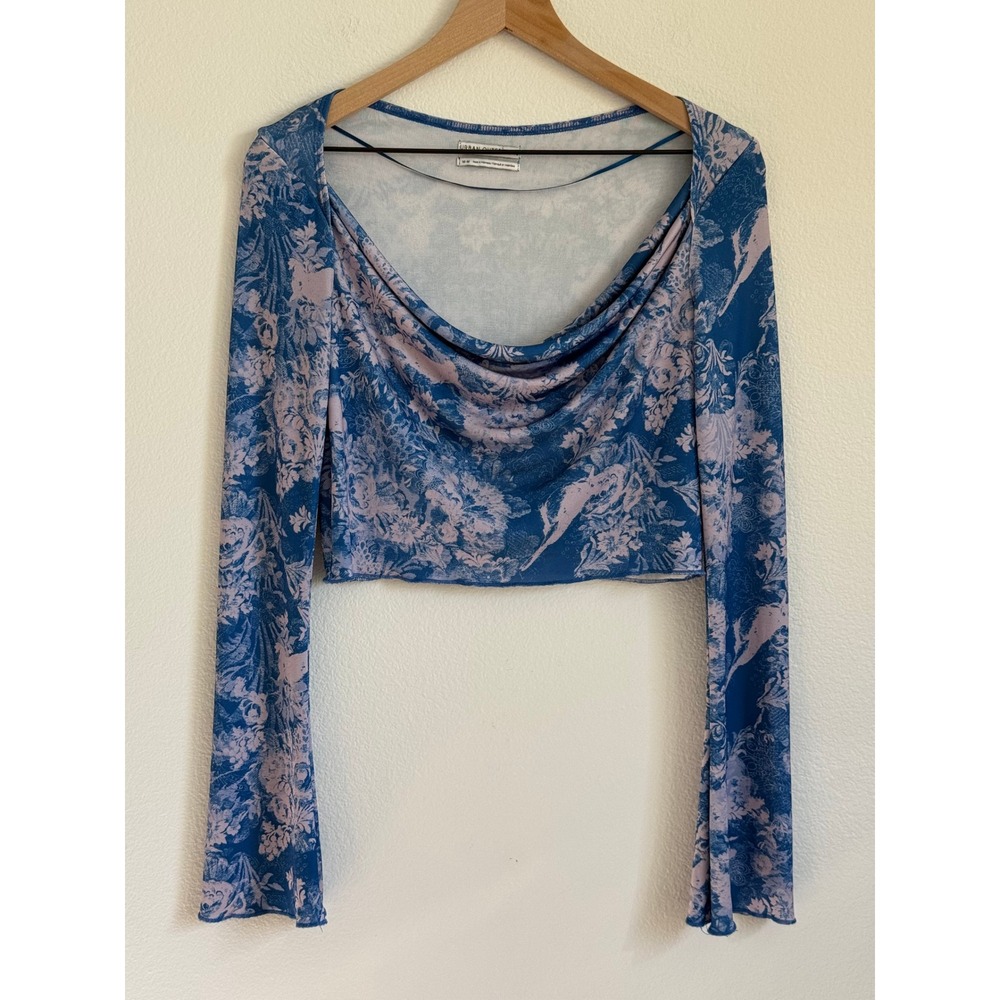 Urban Outfitters Crop Top Medium Blue Floral Cowl Neck Y2K Boho Flared Sleeve